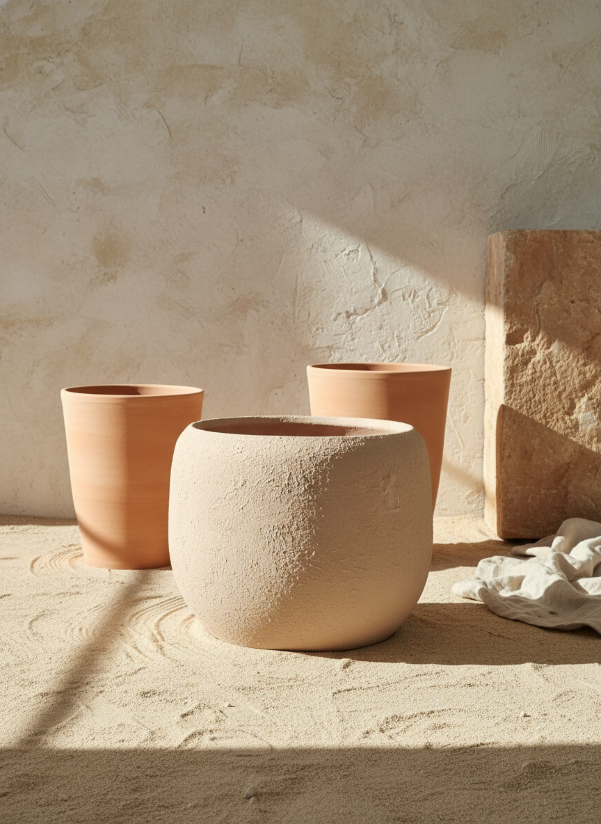 Natuurlijke beige afgeronde terracotta plantenpot met rustieke matte structuurafwerking