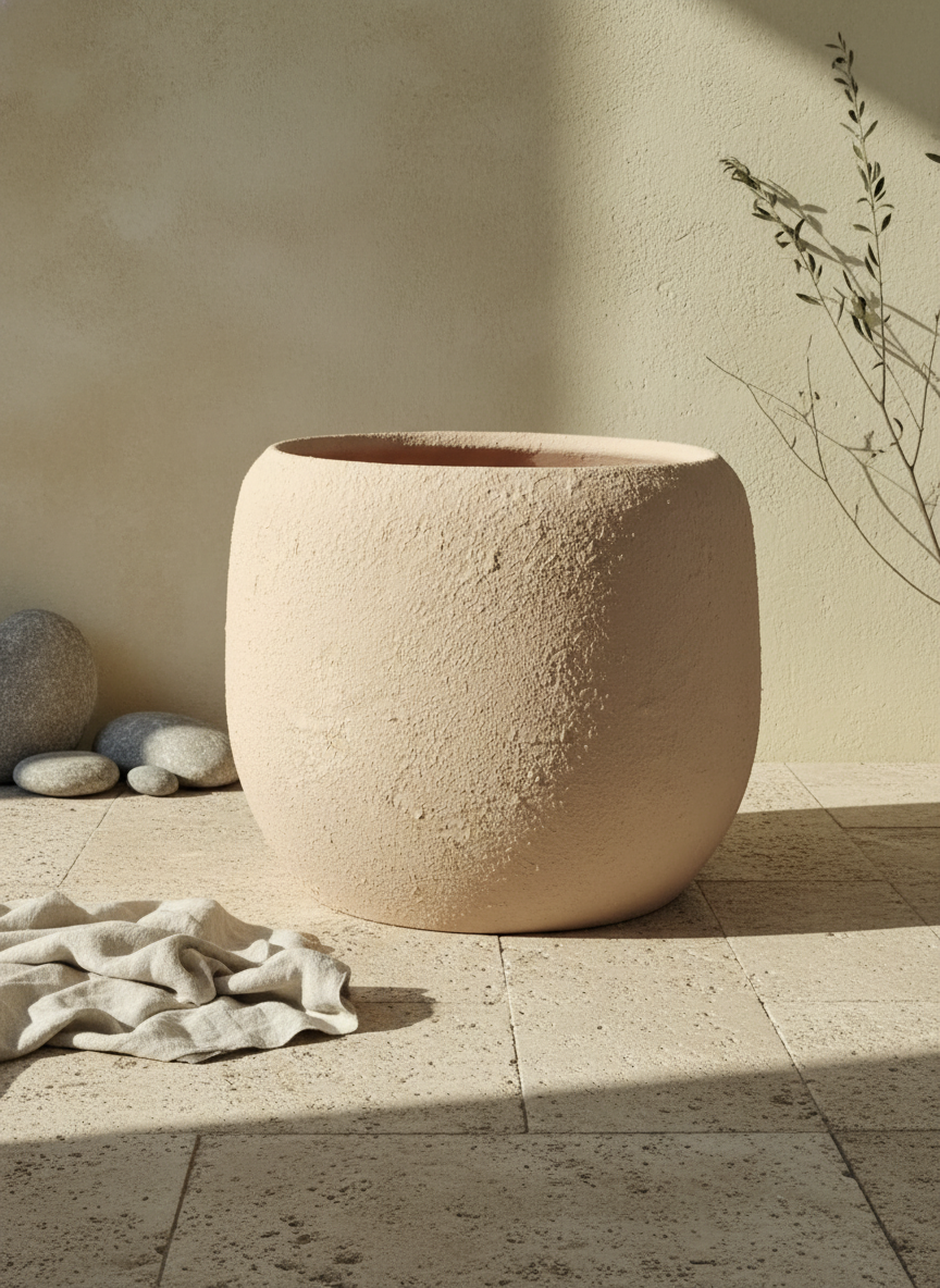 Pot en terre cuite beige naturel arrondi avec finition rustique mate texturée