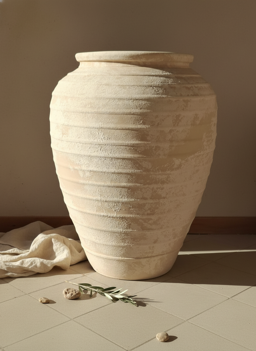 Jarrón de terracota color marfil con estrías, silueta redondeada y textura rústica