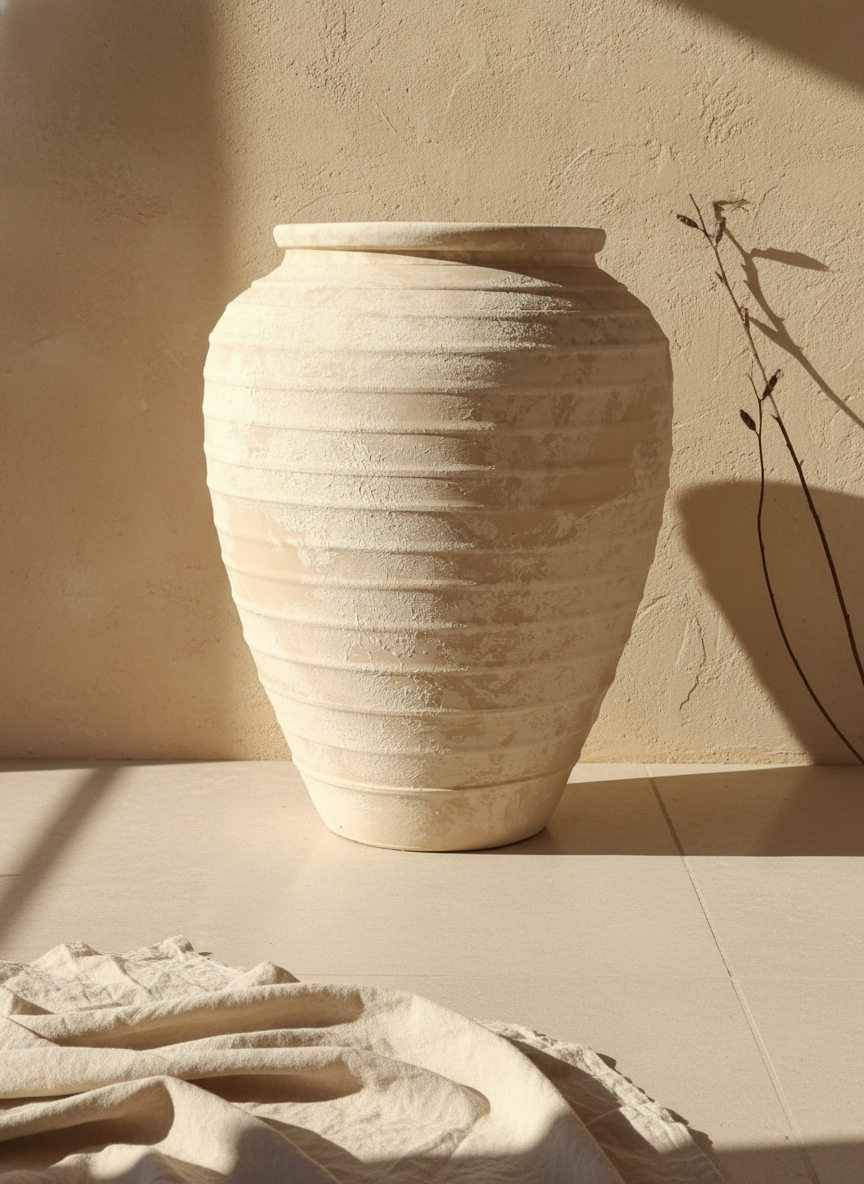 Jarrón de terracota color marfil con estrías, silueta redondeada y textura rústica