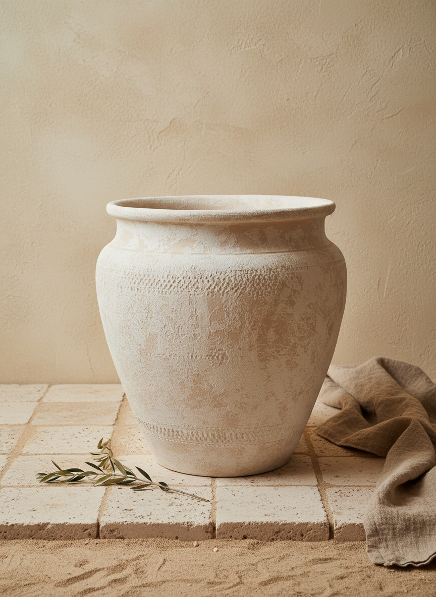 Vase rustique en terre cuite ivoire au corps arrondi et à la finition texturée