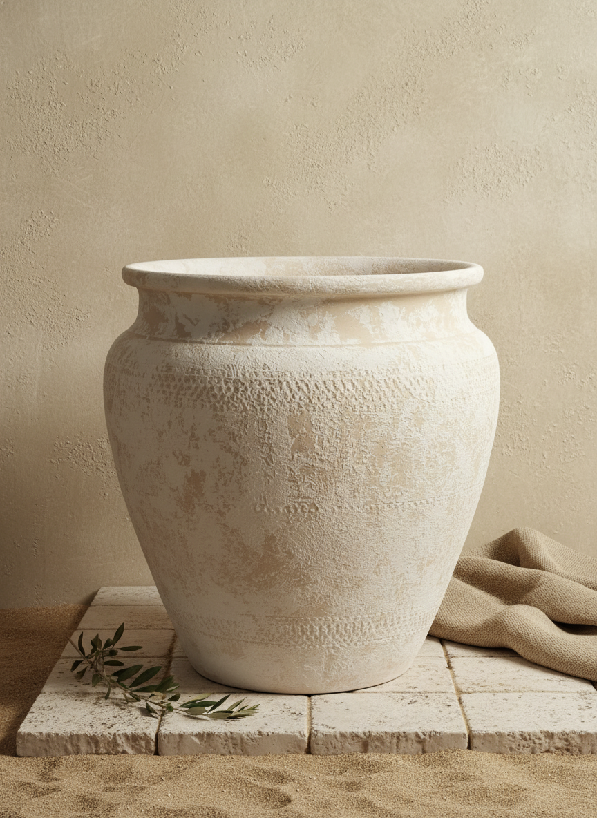 Vase rustique en terre cuite ivoire au corps arrondi et à la finition texturée
