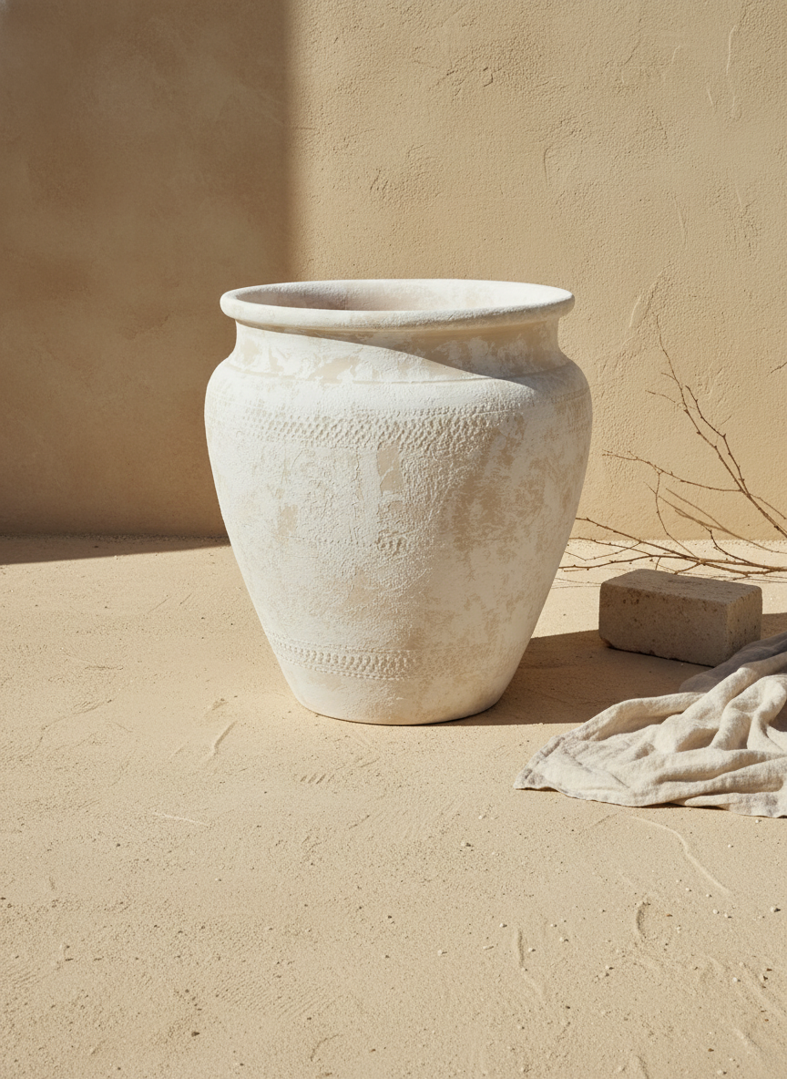 Vase rustique en terre cuite ivoire au corps arrondi et à la finition texturée