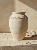 Ivory Beige Terracotta Vase with Textured Finish and Decorative Relief