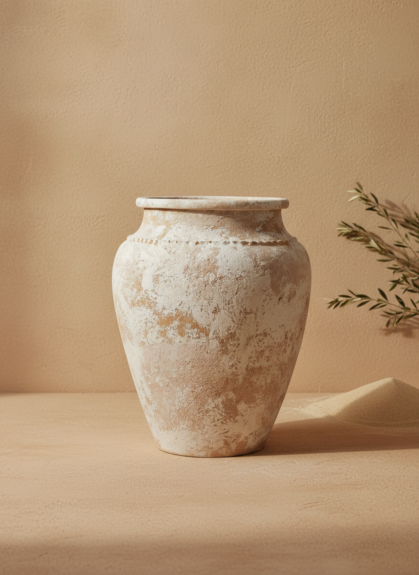 Vase rustique beige ivoire et terracotta avec finition vieillie et silhouette arrondie