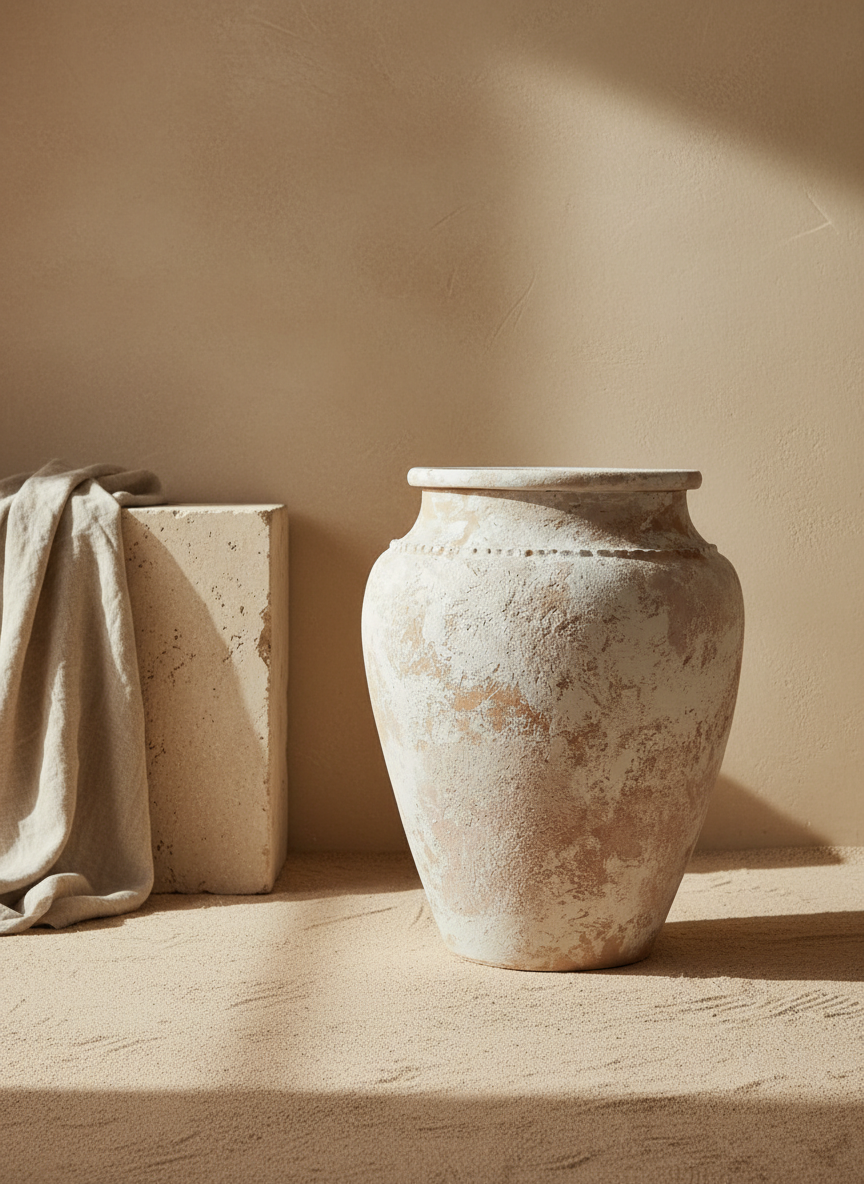 Vase rustique beige ivoire et terracotta avec finition vieillie et silhouette arrondie