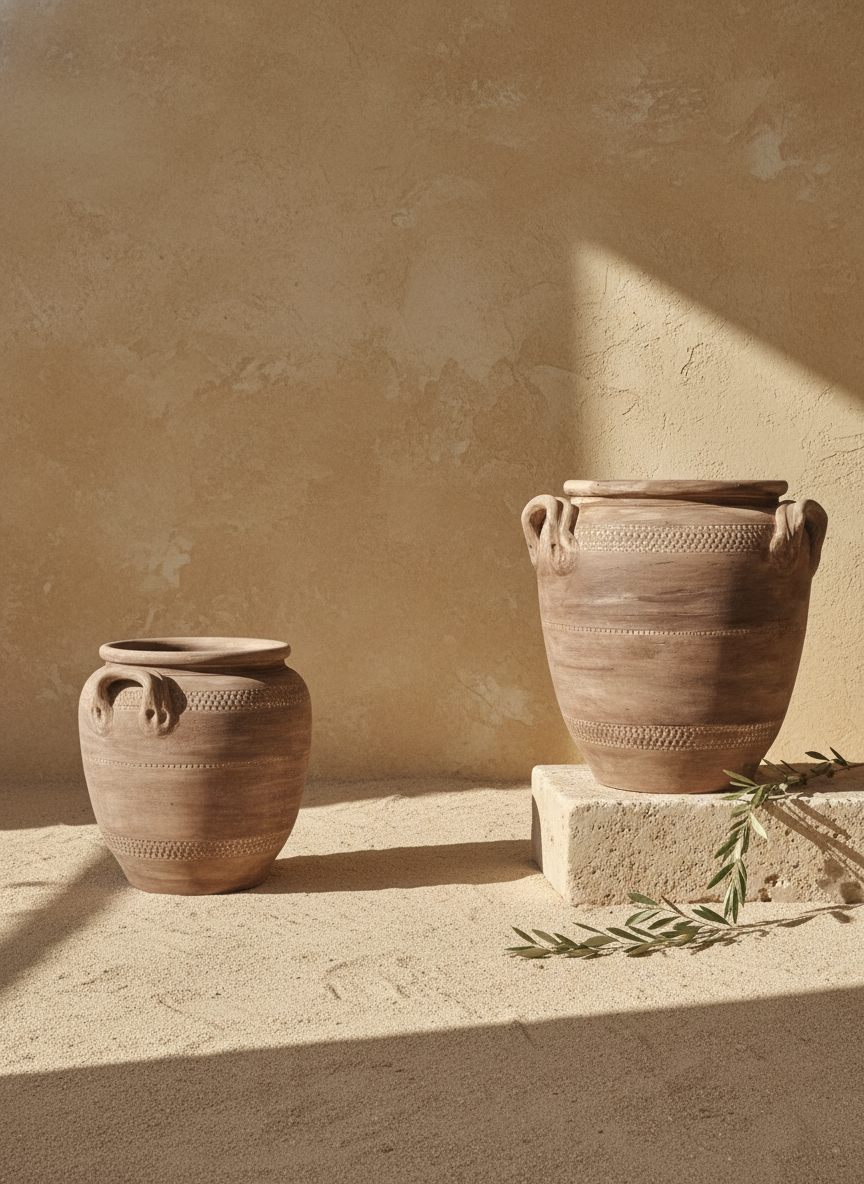 Rustieke bruine terracotta vaas met getextureerde banden en lushengreepen