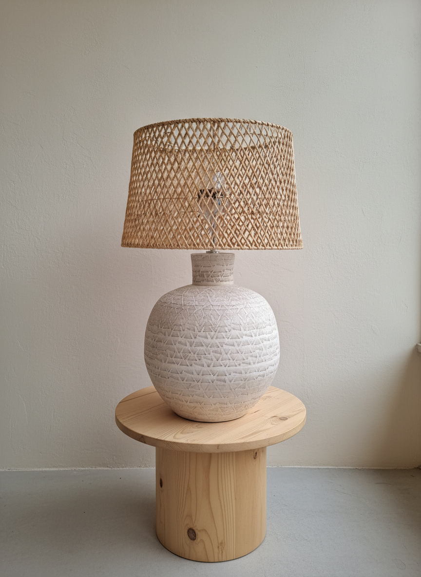 Base de lampe de table en terre cuite texturée crème avec détail géométrique rustique