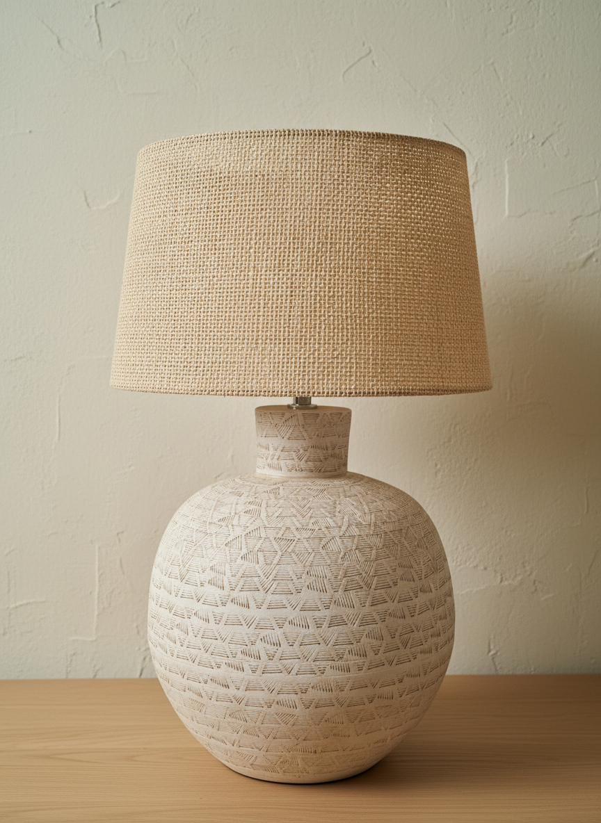 Base de lampe de table en terre cuite texturée crème avec détail géométrique rustique