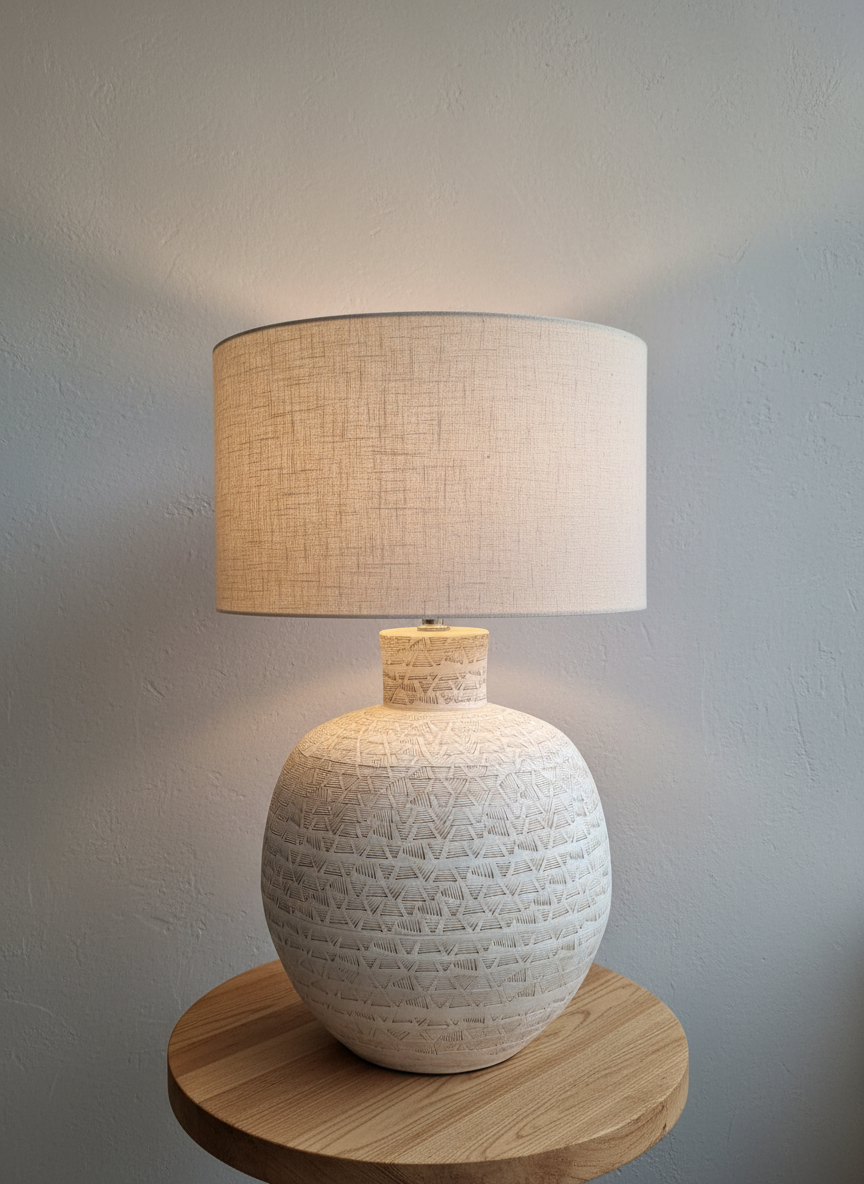 Base de lampe de table en terre cuite texturée crème avec détail géométrique rustique