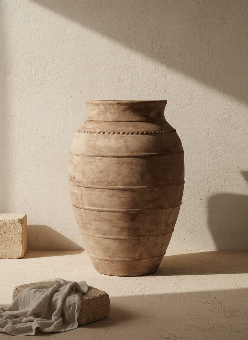 Vase de sol rustique en terre cuite brun caramel à rainures horizontales texturées