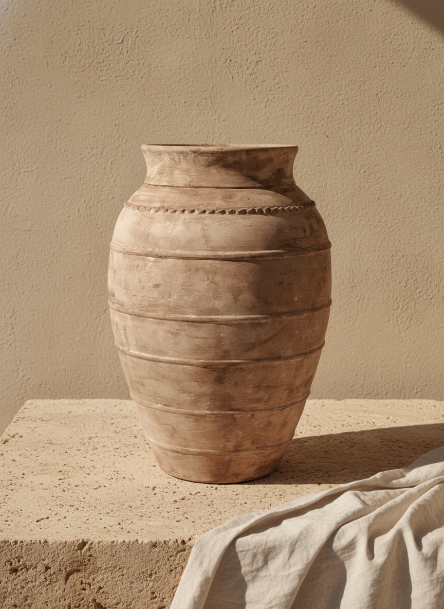 Vaso da Terra Rustico in Terracotta Marrone Caramello con Scanalature Orizzontali Testurizzate
