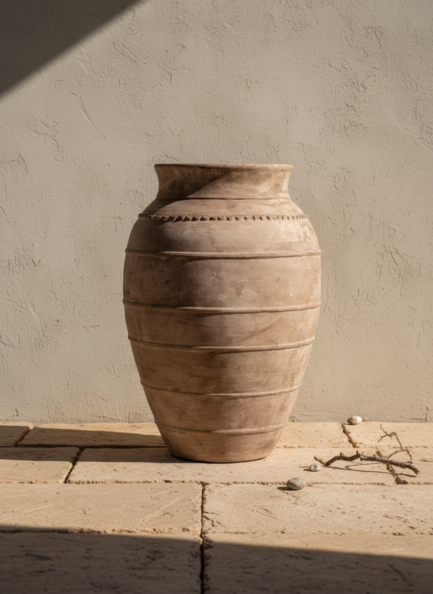 Vase de sol rustique en terre cuite brun caramel à rainures horizontales texturées