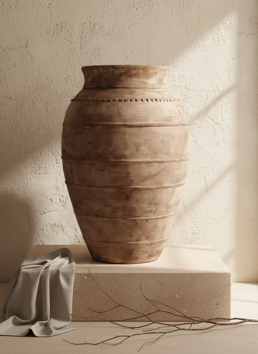 Vaso da Terra Rustico in Terracotta Marrone Caramello con Scanalature Orizzontali Testurizzate