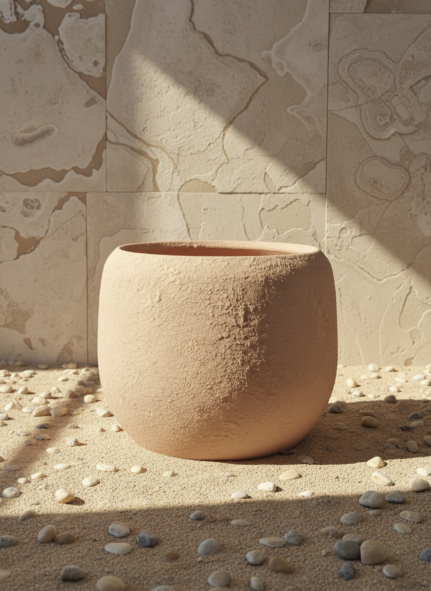 Natuurlijke beige afgeronde terracotta plantenpot met rustieke matte structuurafwerking