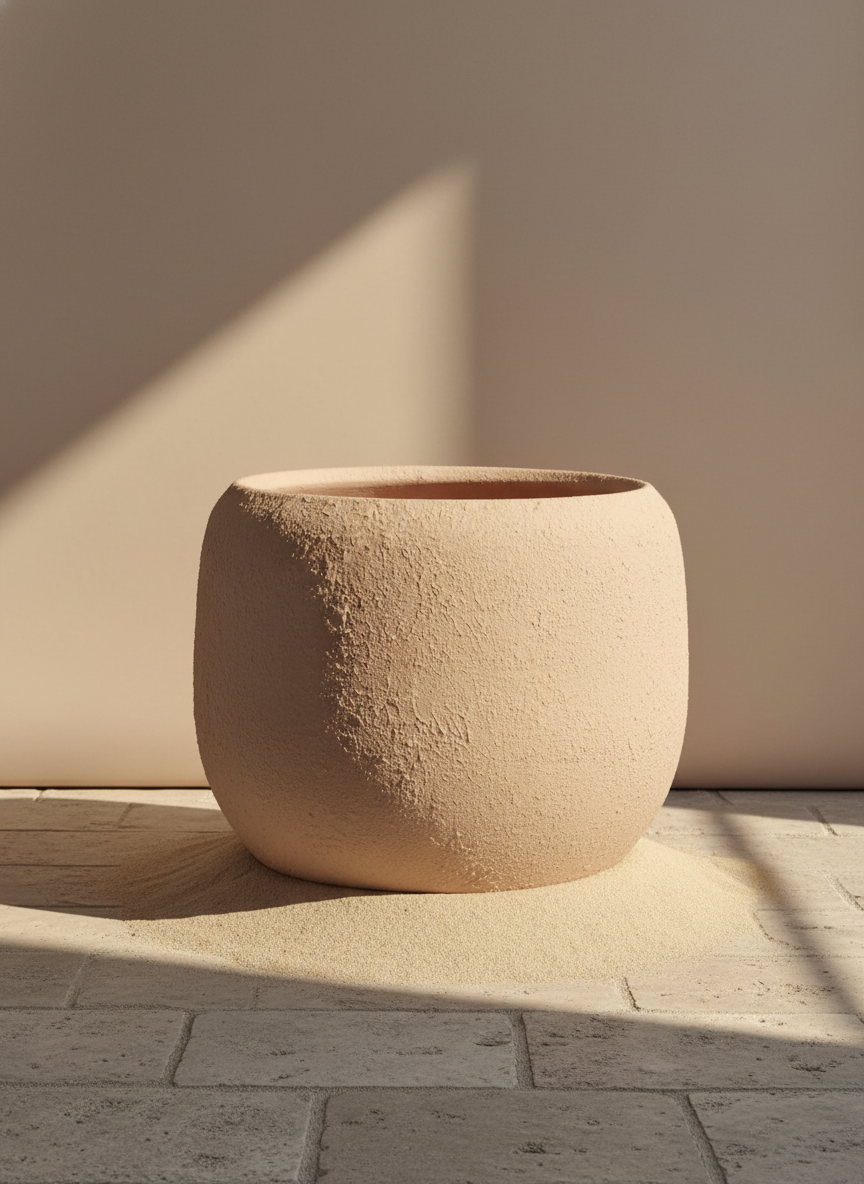 Natuurlijke beige afgeronde terracotta plantenpot met rustieke matte structuurafwerking