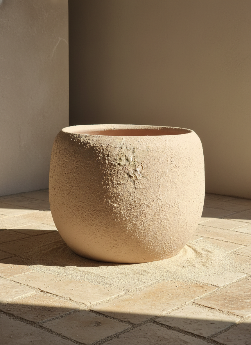 Natuurlijke beige afgeronde terracotta plantenpot met rustieke matte structuurafwerking