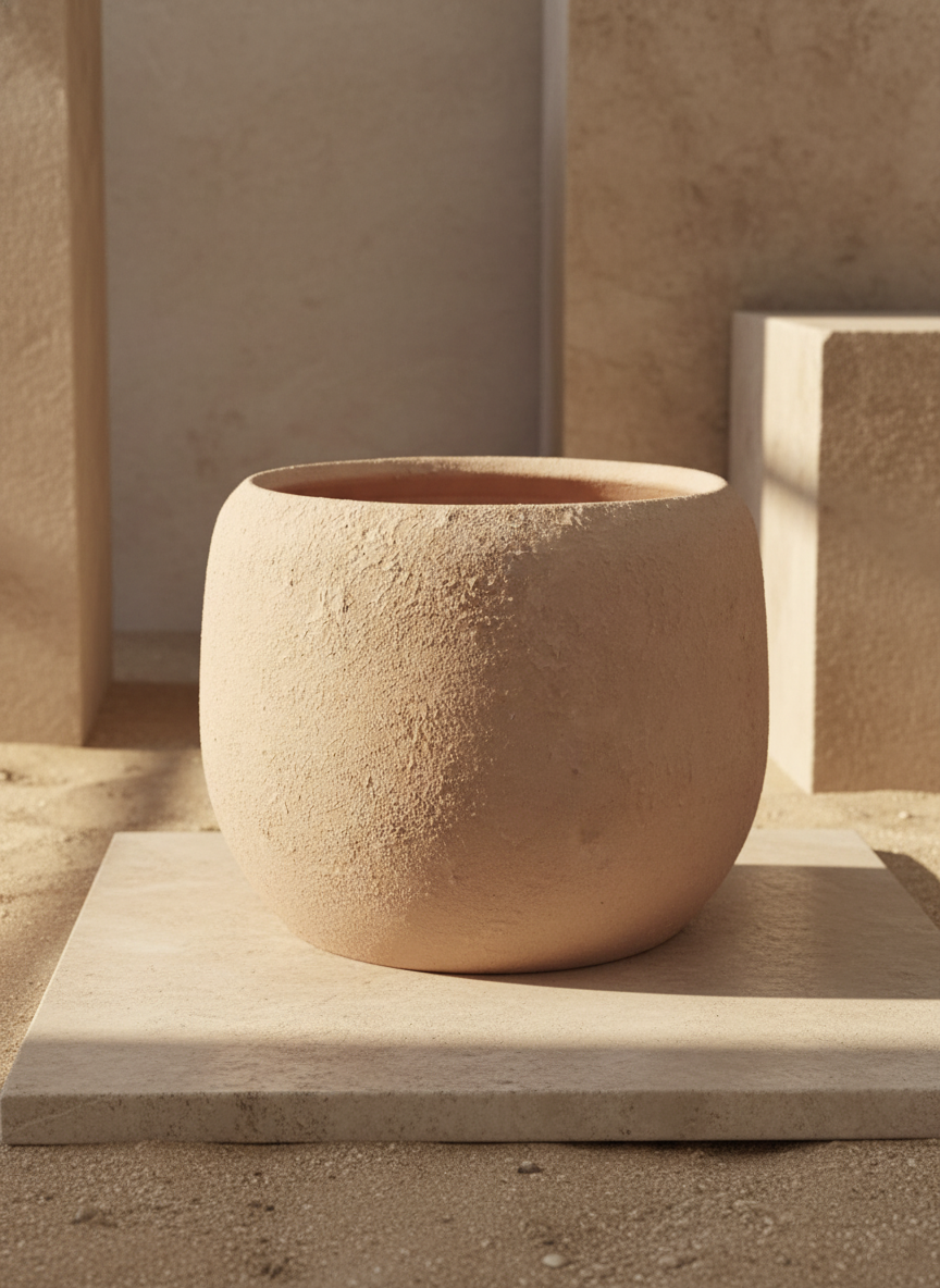 Natuurlijke beige afgeronde terracotta plantenpot met rustieke matte structuurafwerking