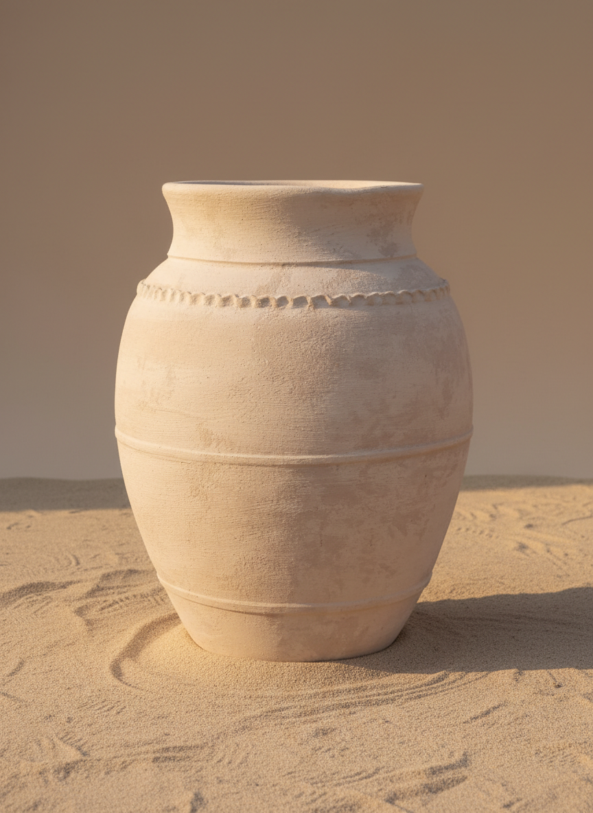 Rustikale sandbeige Terrakotta-Vase mit strukturiertem, erhabenem Zierrand