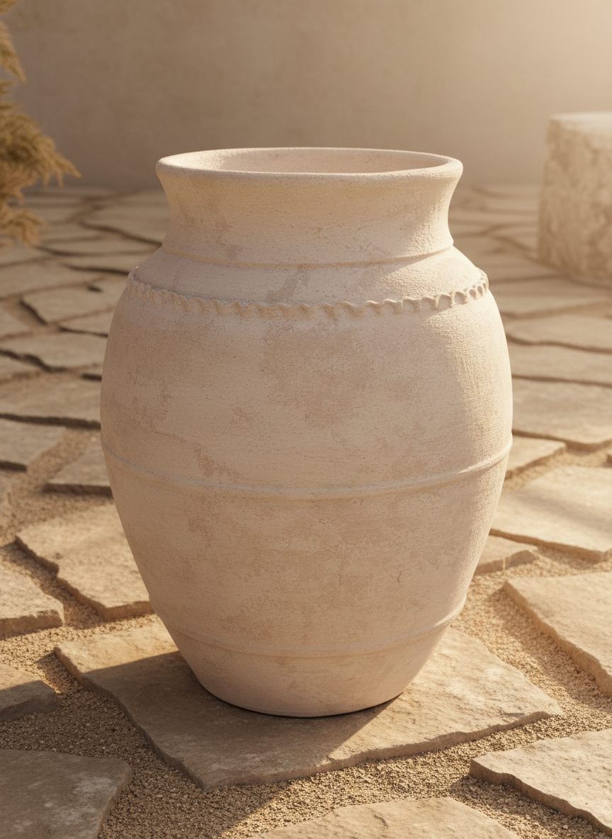Rustikale sandbeige Terrakotta-Vase mit strukturiertem, erhabenem Zierrand