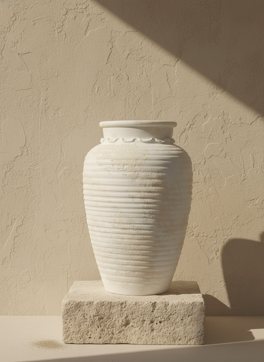 Elfenbeinfarbene gerippte Terrakotta-Bodenvase mit rustikaler, strukturierter Rundsilhouette