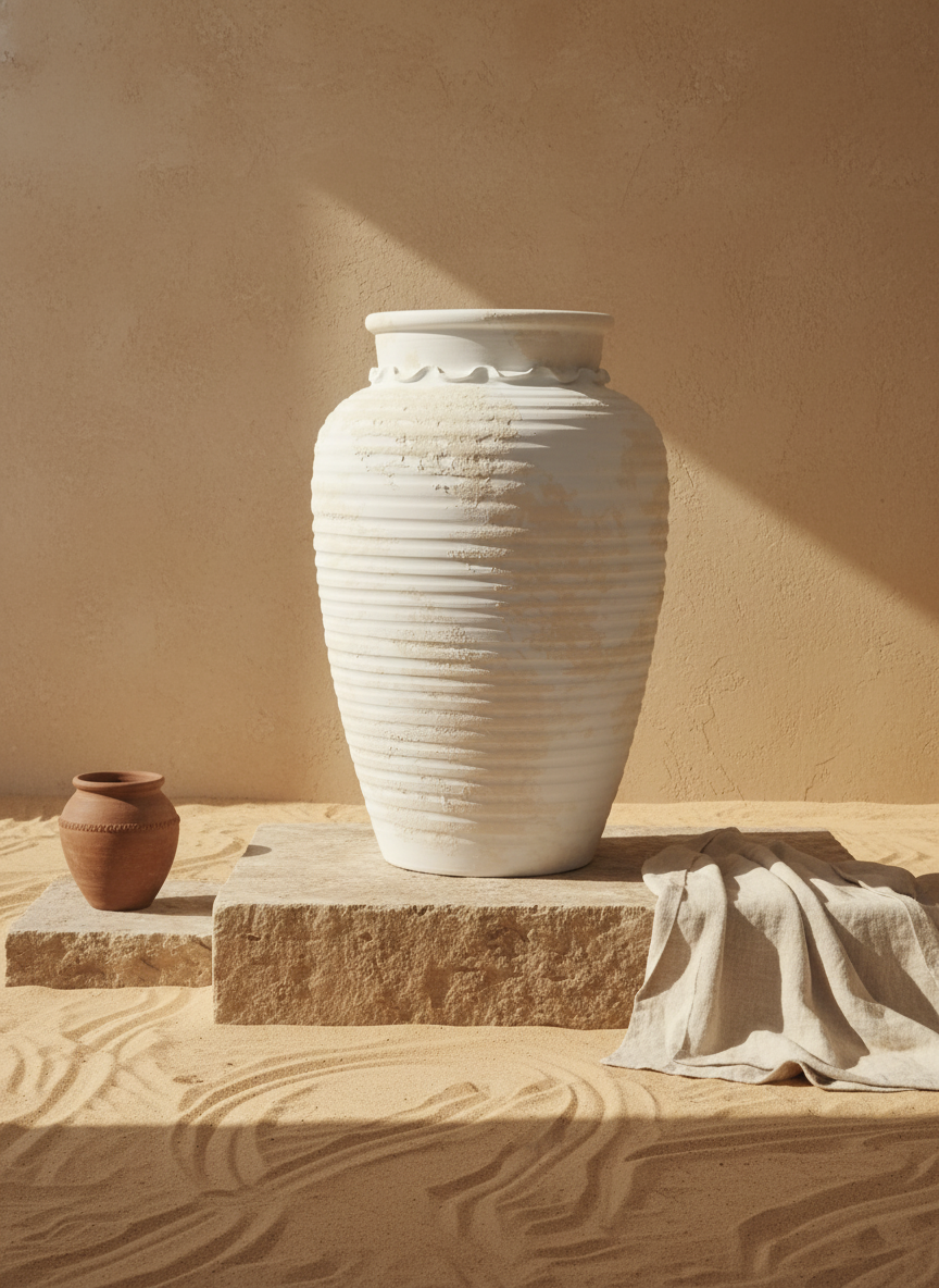 Elfenbeinfarbene gerippte Terrakotta-Bodenvase mit rustikaler, strukturierter Rundsilhouette