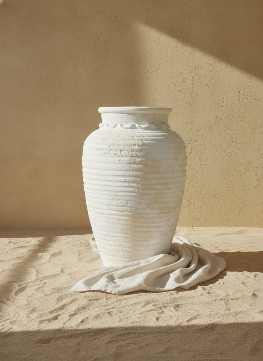 Elfenbeinfarbene gerippte Terrakotta-Bodenvase mit rustikaler, strukturierter Rundsilhouette