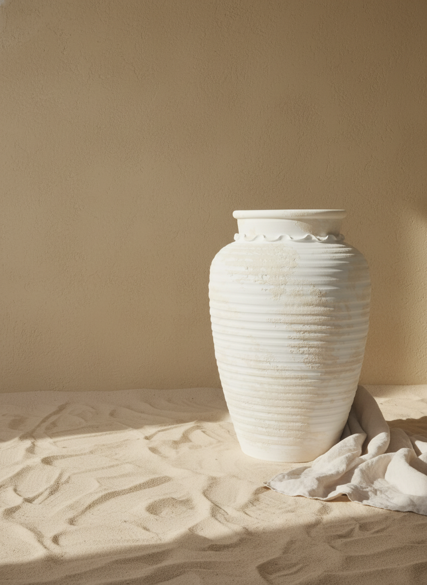 Elfenbeinfarbene gerippte Terrakotta-Bodenvase mit rustikaler, strukturierter Rundsilhouette