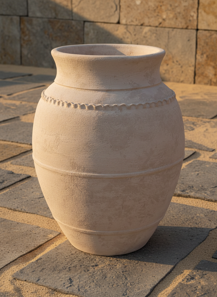 Rustikale sandbeige Terrakotta-Vase mit strukturiertem, erhabenem Zierrand