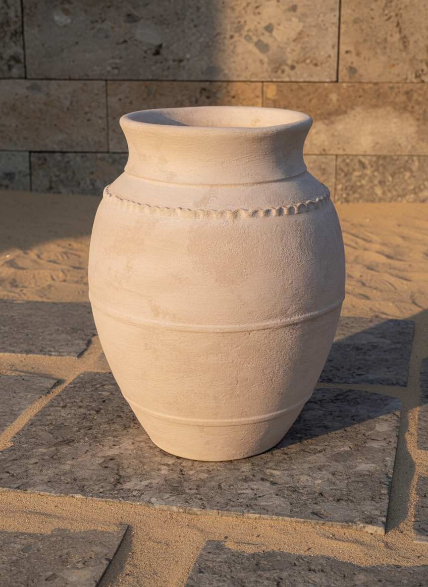 Rustikale sandbeige Terrakotta-Vase mit strukturiertem, erhabenem Zierrand