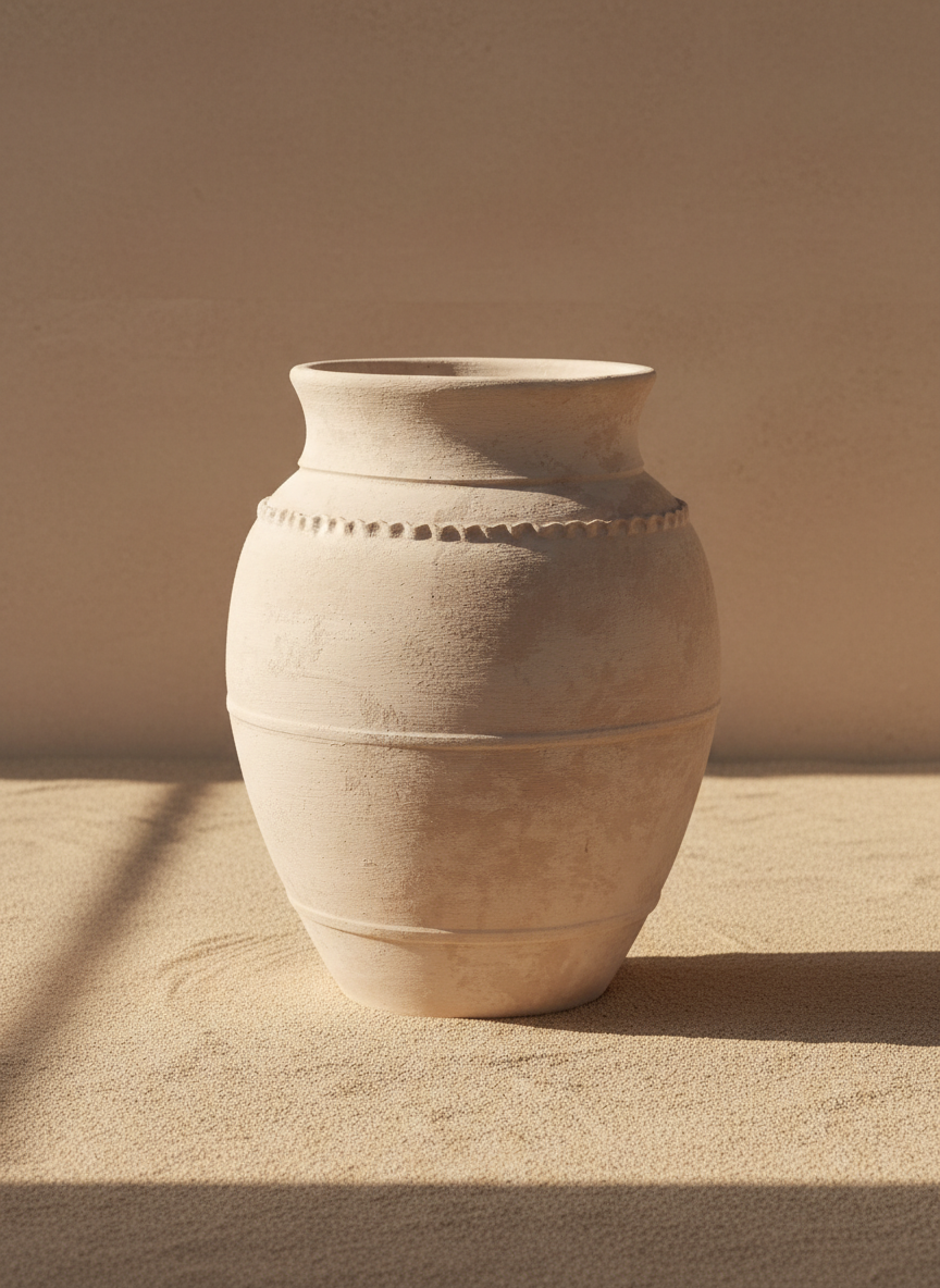 Rustikale sandbeige Terrakotta-Vase mit strukturiertem, erhabenem Zierrand