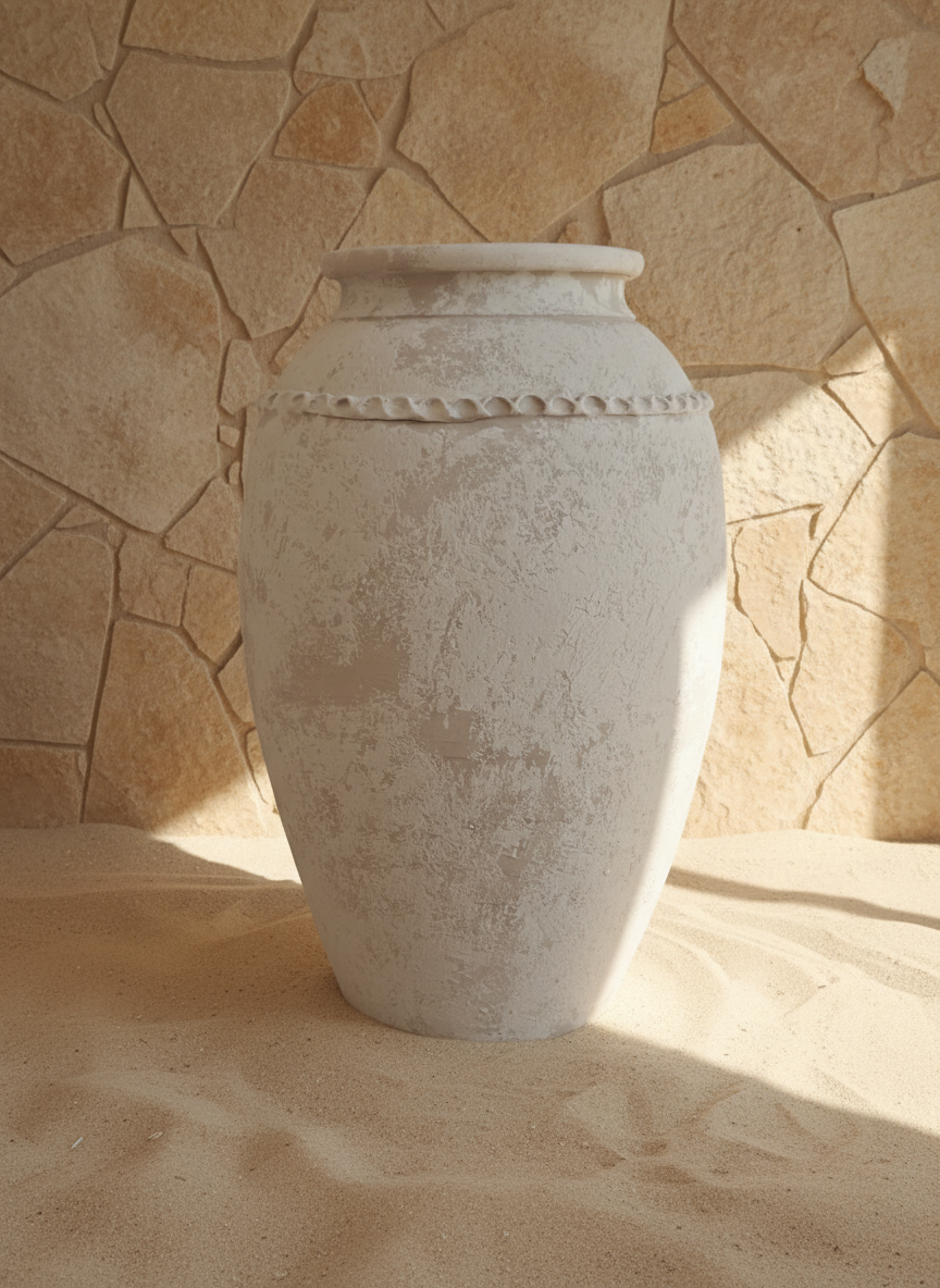 Vase en terre cuite texturé ivoire à corps arrondi et bord décoratif