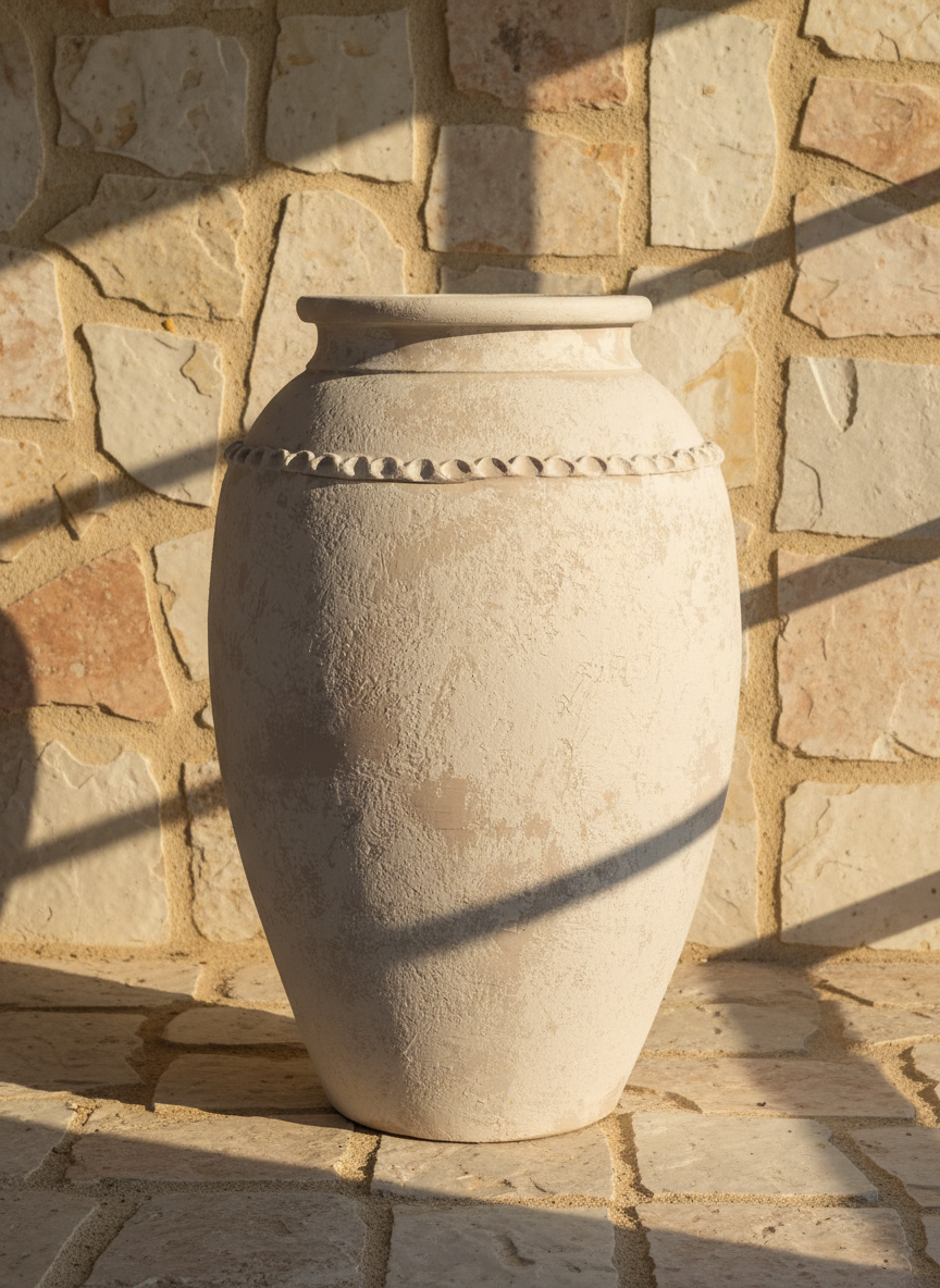 Ivory Textured Terracotta Vase with Rounded Body and Decorative Rim