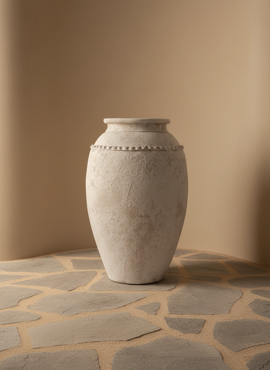 Ivory Textured Terracotta Vase with Rounded Body and Decorative Rim