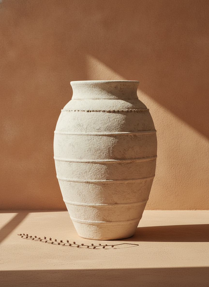 Vase de sol rustique en terre cuite beige sable à rainures horizontales texturées