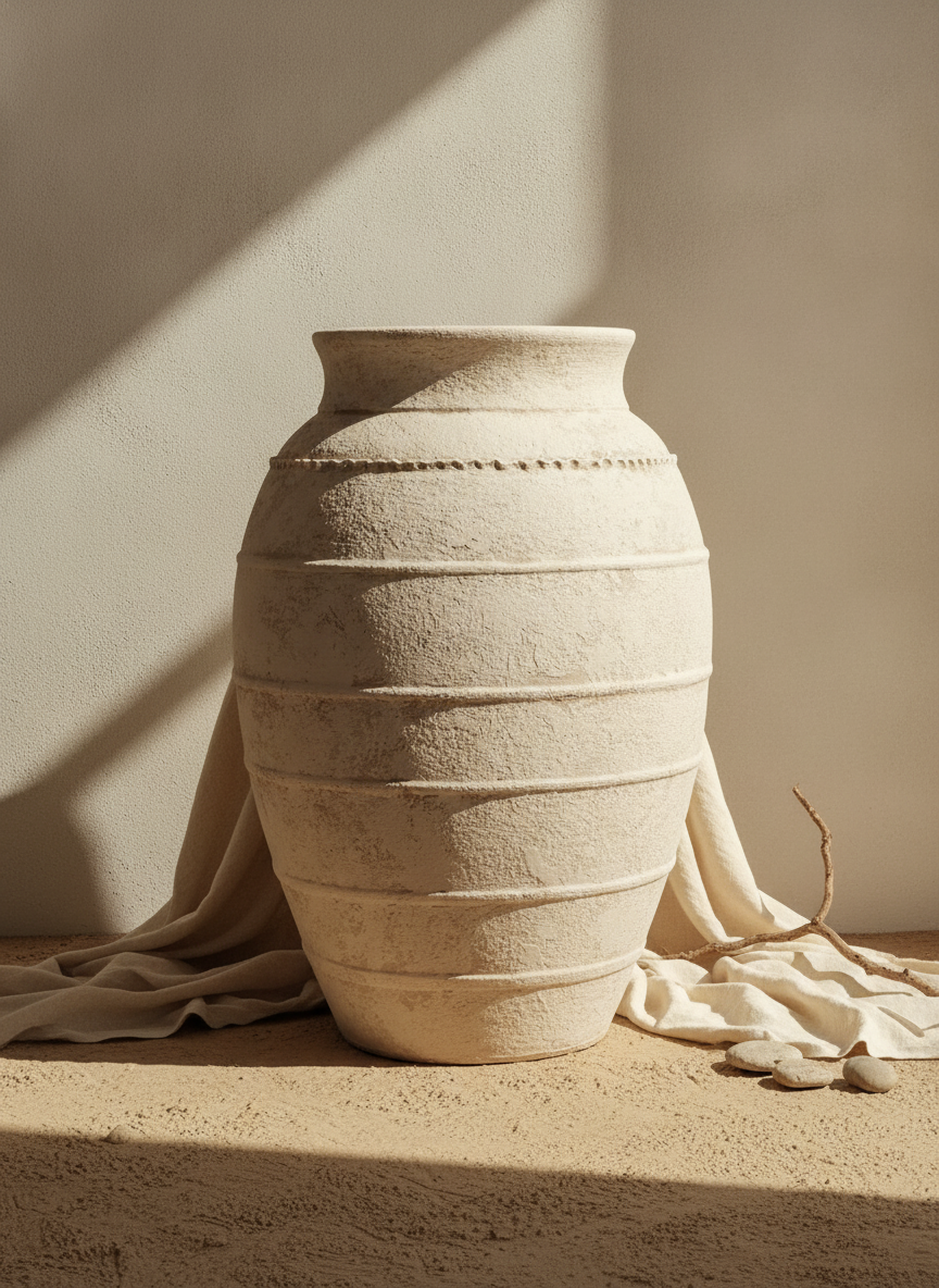Rustikale sandbeige Terrakotta-Bodenvase mit horizontaler Rillenstruktur