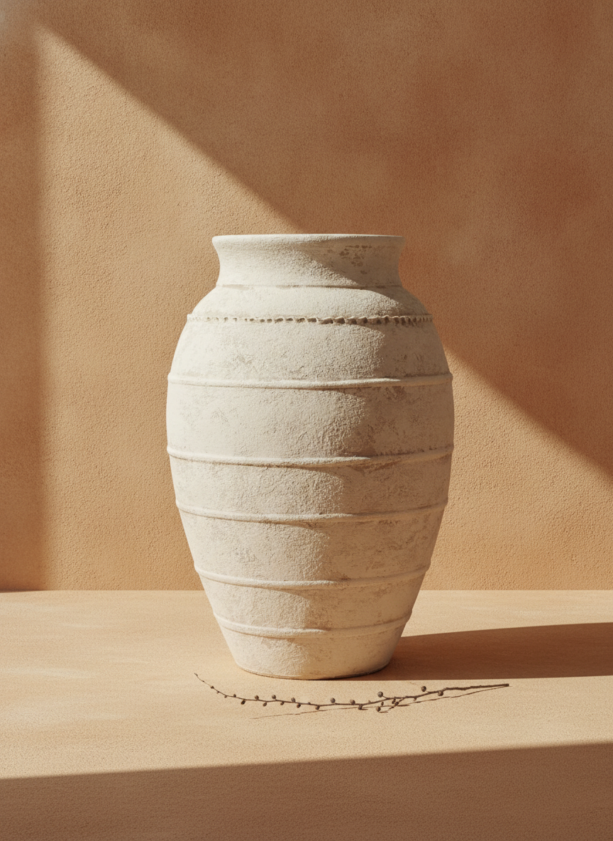 Rustikale sandbeige Terrakotta-Bodenvase mit horizontaler Rillenstruktur
