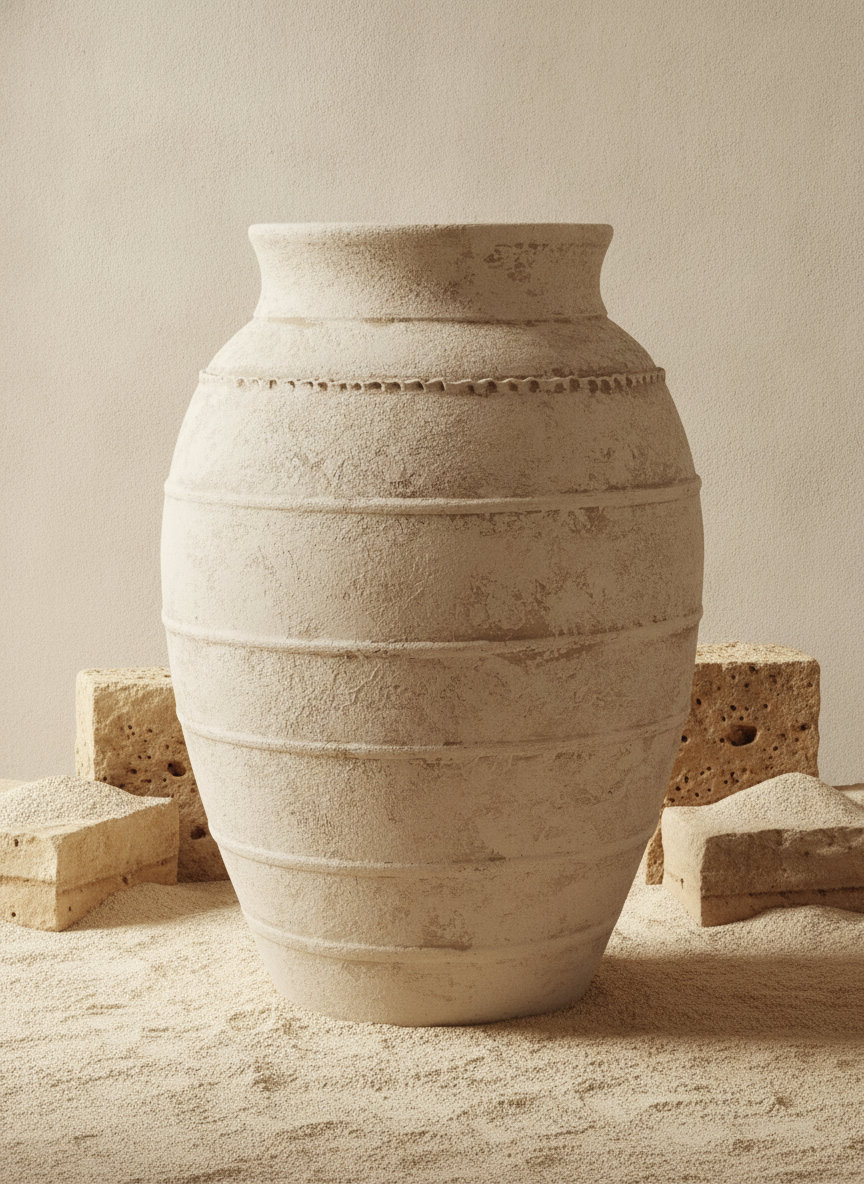 Rustikale sandbeige Terrakotta-Bodenvase mit horizontaler Rillenstruktur