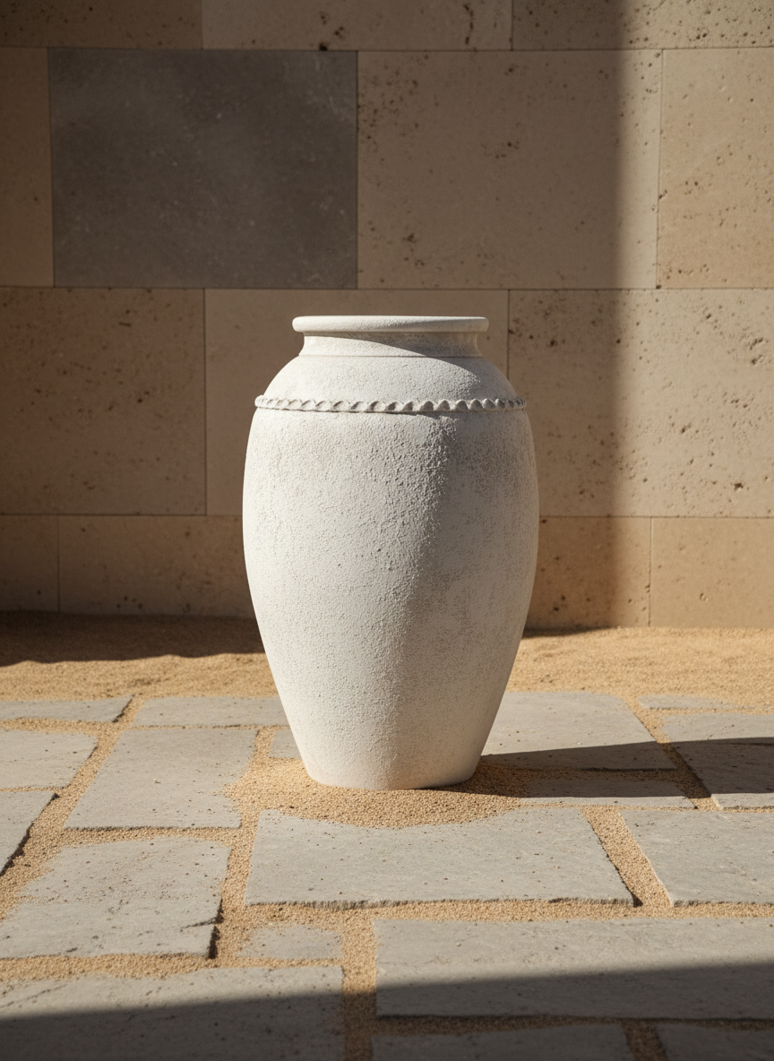 Ivory Textured Terracotta Vase with Rounded Body and Decorative Rim