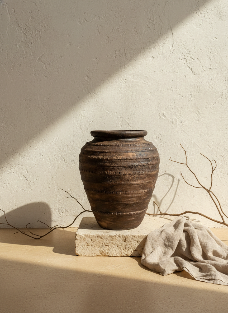 Rustieke bruine terracotta bloempot met getextureerde banden en een afgeronde silhouet