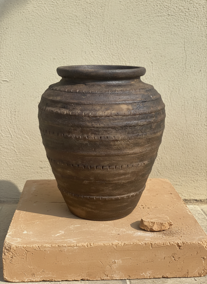 Rustieke bruine terracotta bloempot met getextureerde banden en een afgeronde silhouet