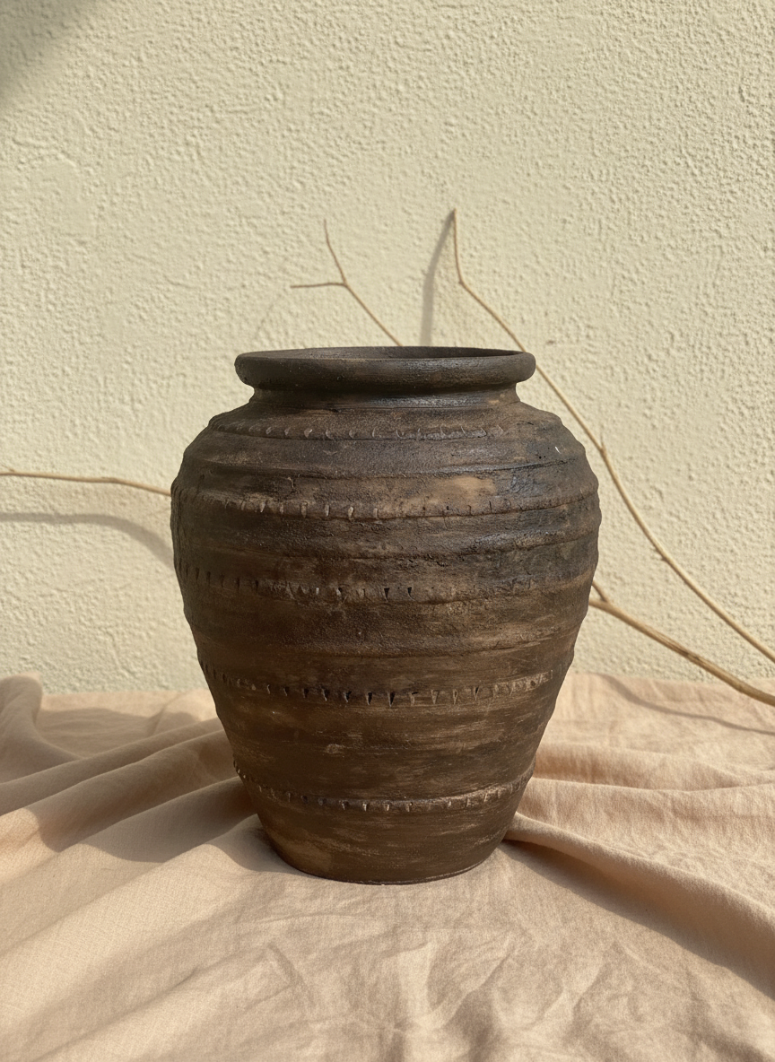 Pot en terre cuite marron rustique à bandes texturées et silhouette arrondie