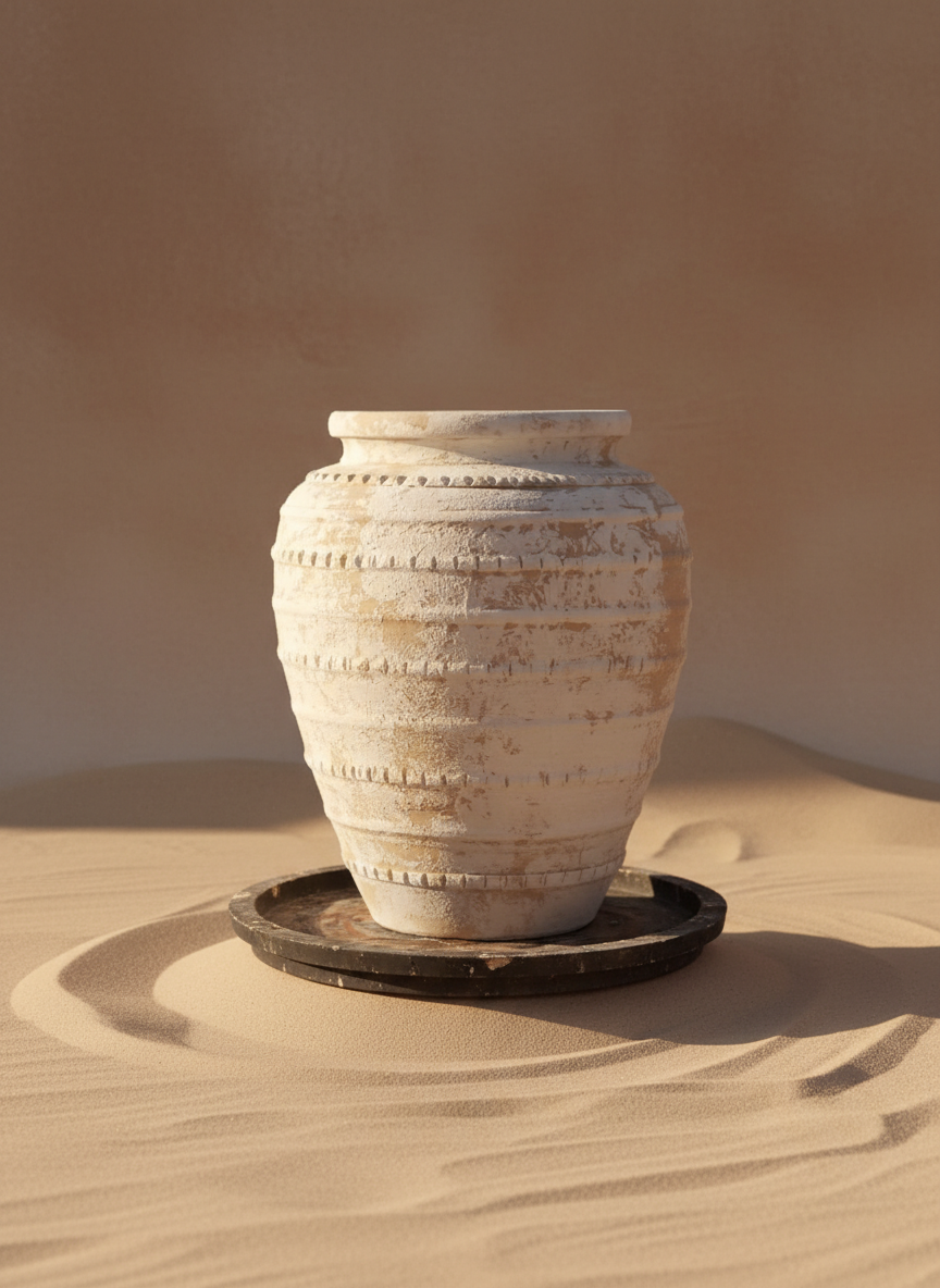 Rustic Beige Terracotta Vase with Distressed Finish and Textured Bands