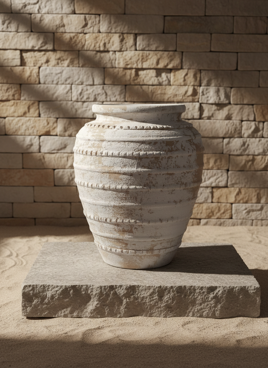 Rustic Beige Terracotta Vase with Distressed Finish and Textured Bands