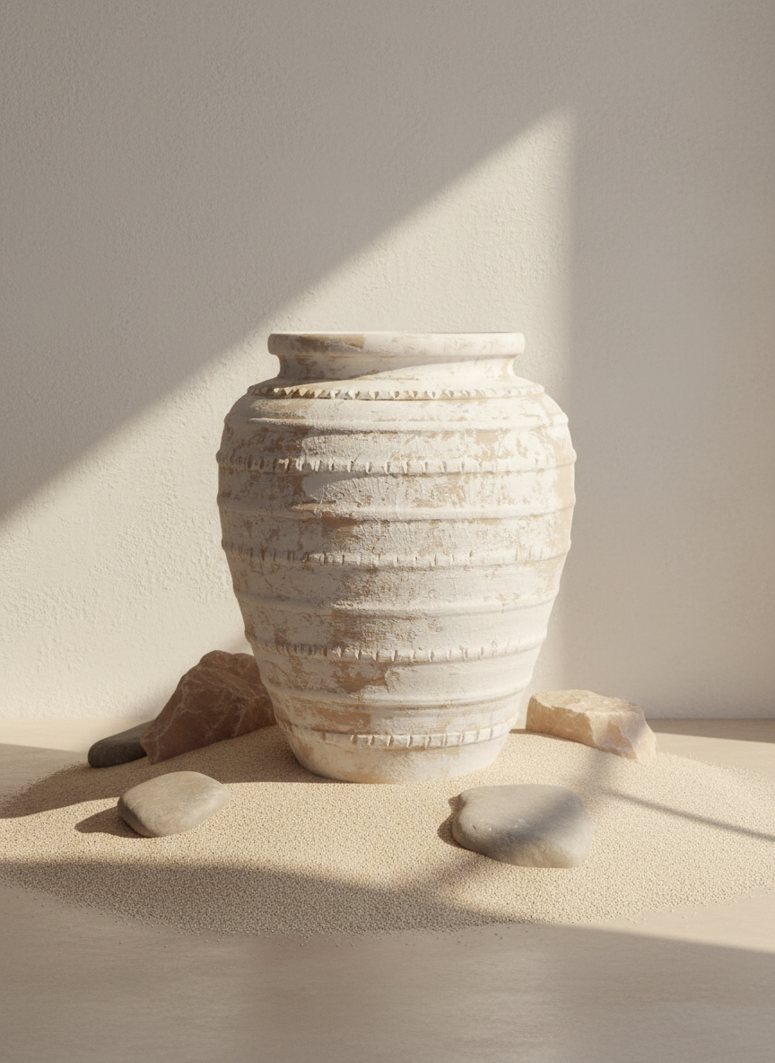 Rustic Beige Terracotta Vase with Distressed Finish and Textured Bands