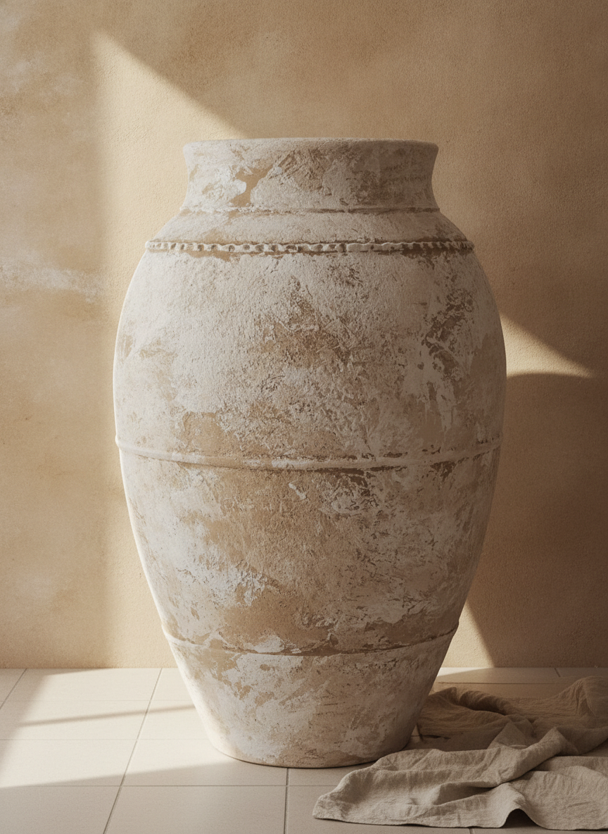 Grand Vase de Sol Ivoire Beige Terracotta avec Finition Rustique Texturée