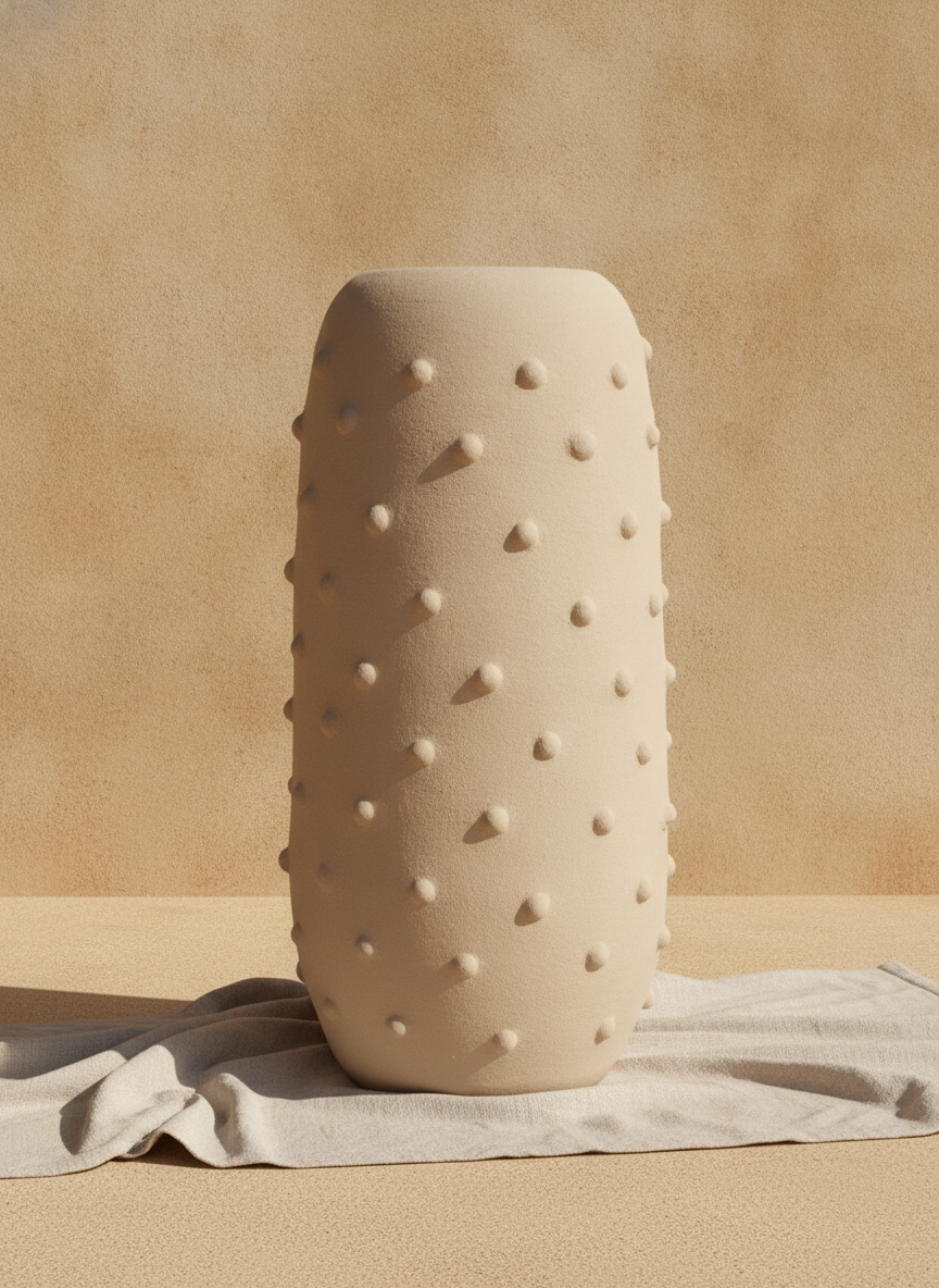 Grand vase beige en terre cuite à la texture sculpturale en relief pour intérieur