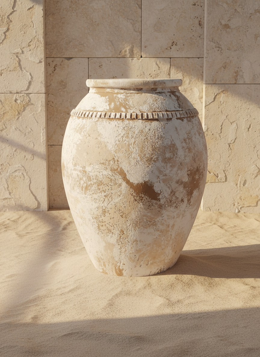 Rustikale elfenbeinfarbene Terrakotta-Vase mit Antik-Finish und Zierband