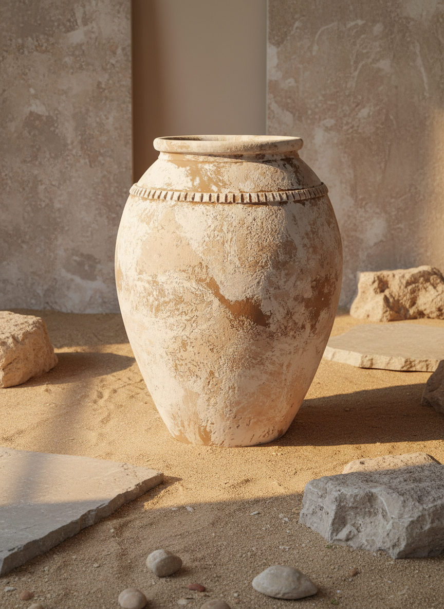 Rustikale elfenbeinfarbene Terrakotta-Vase mit Antik-Finish und Zierband