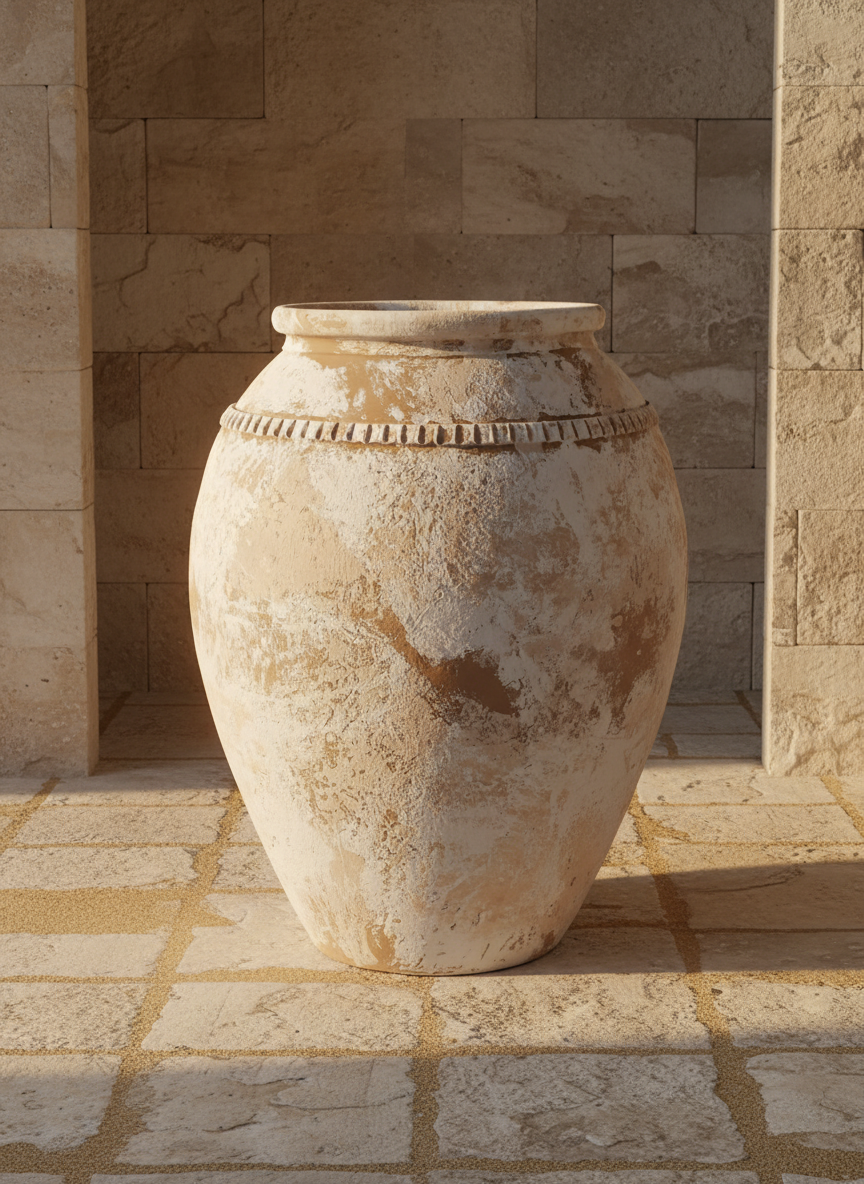 Rustikale elfenbeinfarbene Terrakotta-Vase mit Antik-Finish und Zierband